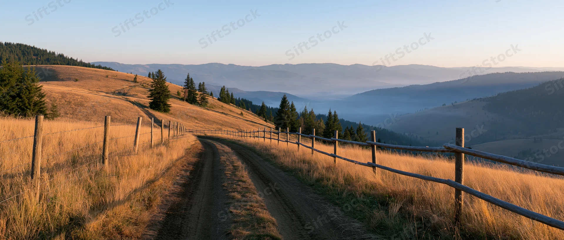 Dirt road winding through golden grassy hills with wooden fence and distant mountains at sunset