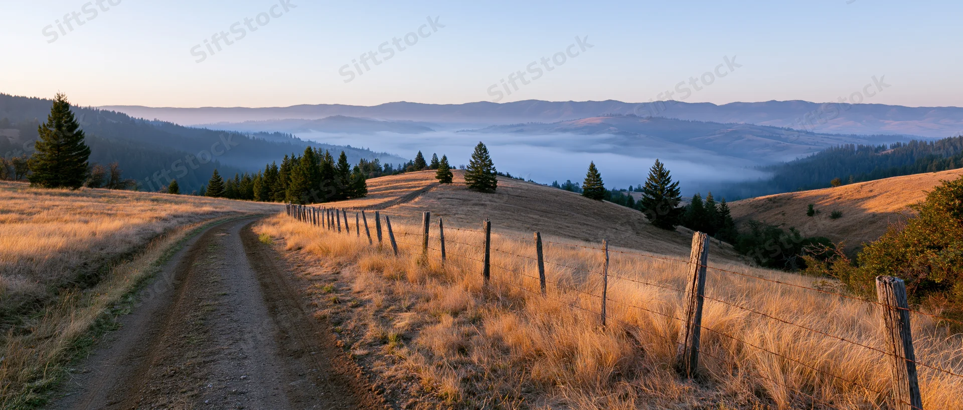 Dirt road winding through golden grassy hills with wire fence and distant fog-covered valley at sunrise