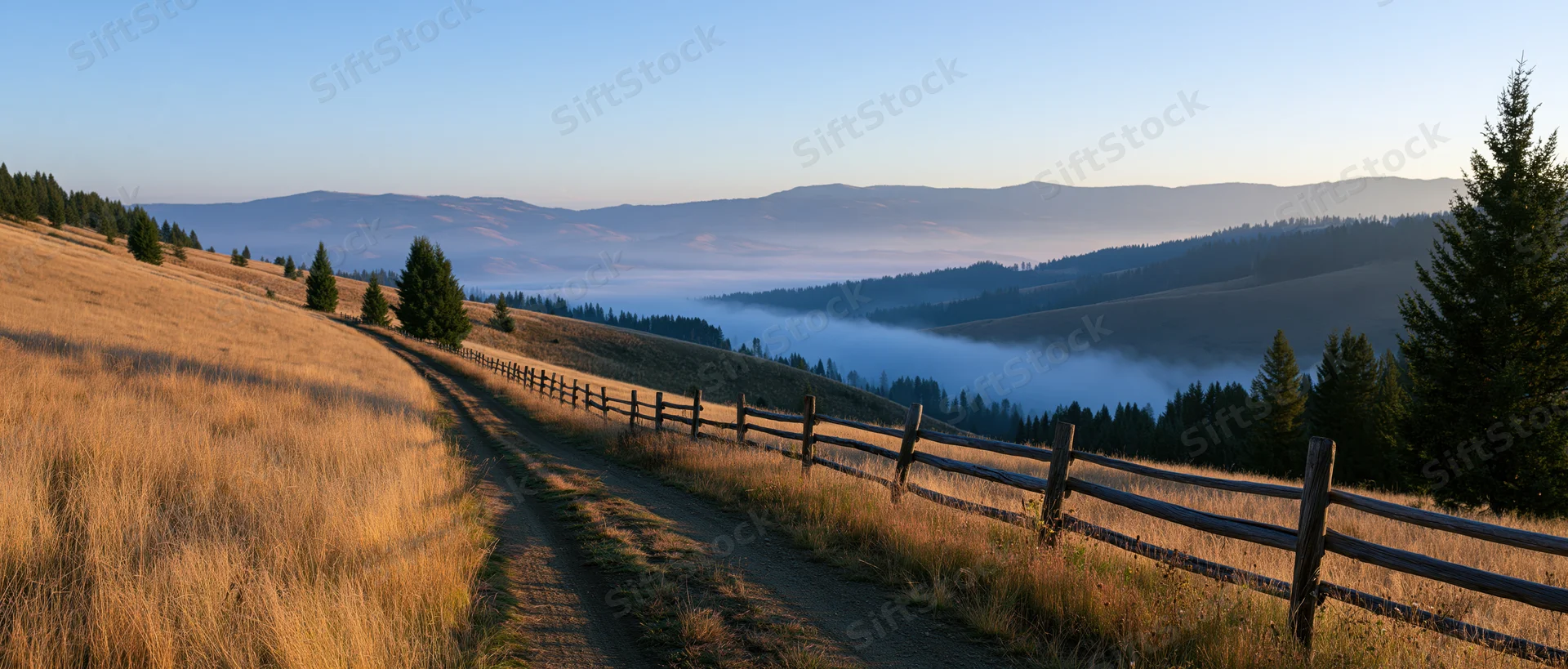 Dirt path winding through golden meadow with wooden fence alongside, leading toward fog-filled valley and distant mountains at sunrise