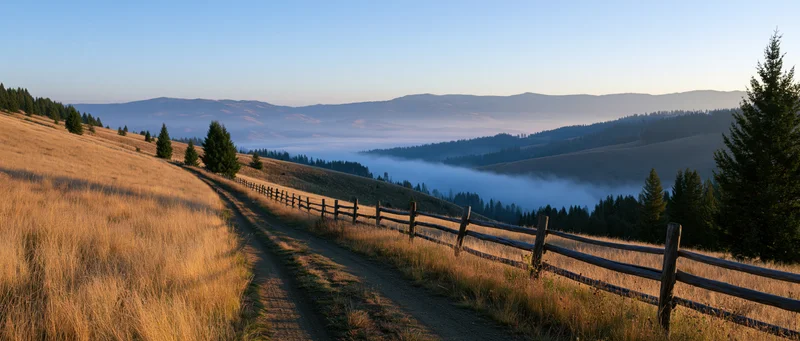 Dirt path winding through golden meadow with wooden fence alongside, leading toward fog-filled valley and distant mountains at sunrise