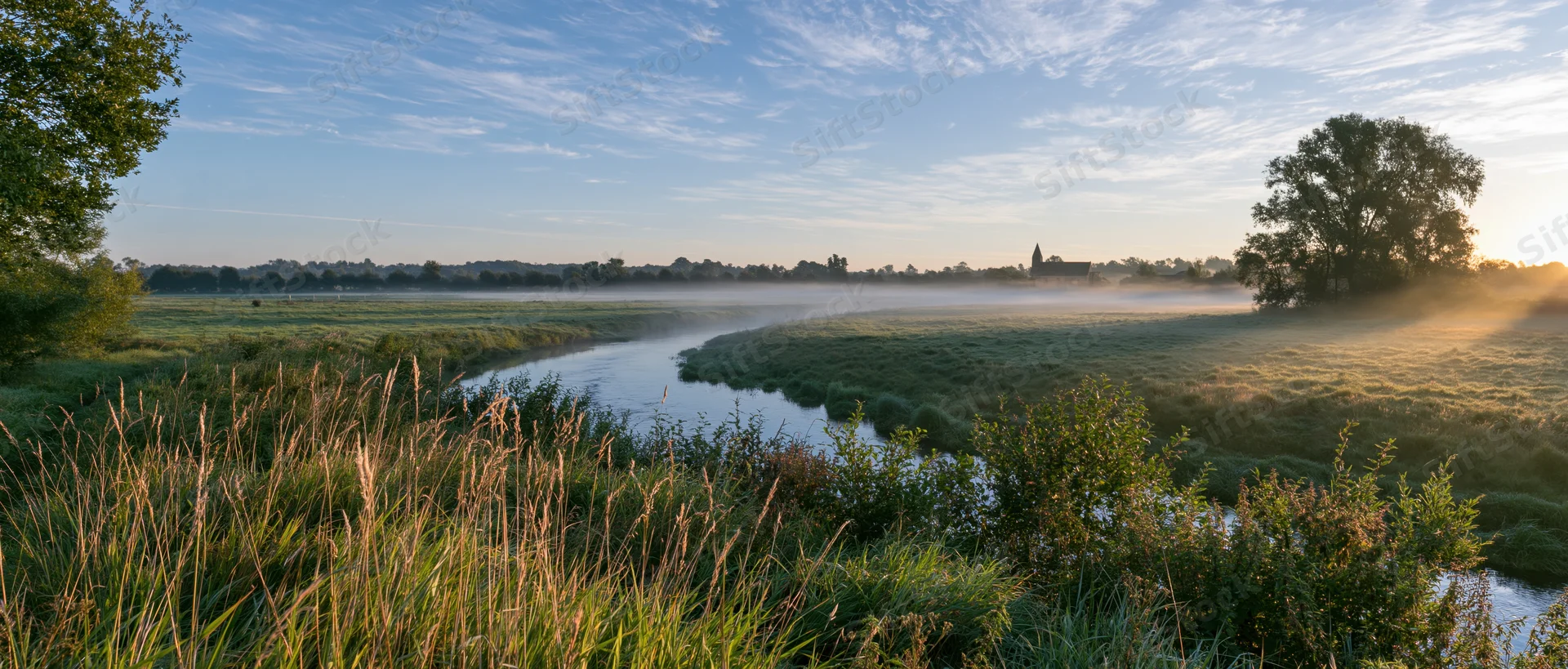 A winding river through a misty meadow at sunrise with distant village and church spire visible across the fields