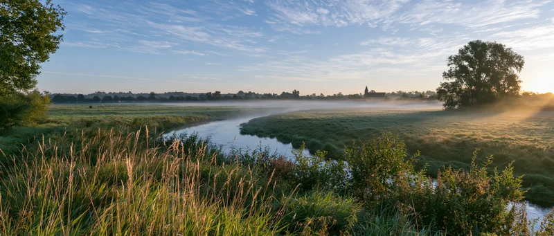 A winding river through a misty meadow at sunrise with distant village and church spire visible across the fields