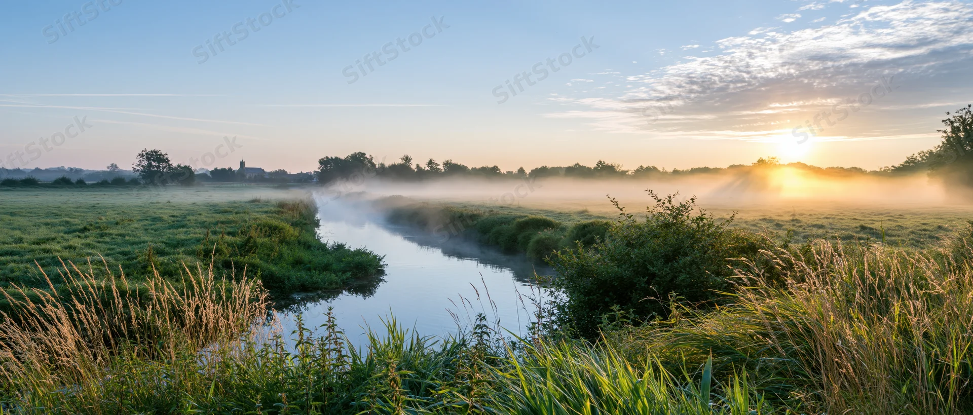 Misty river winding through green meadow at sunrise