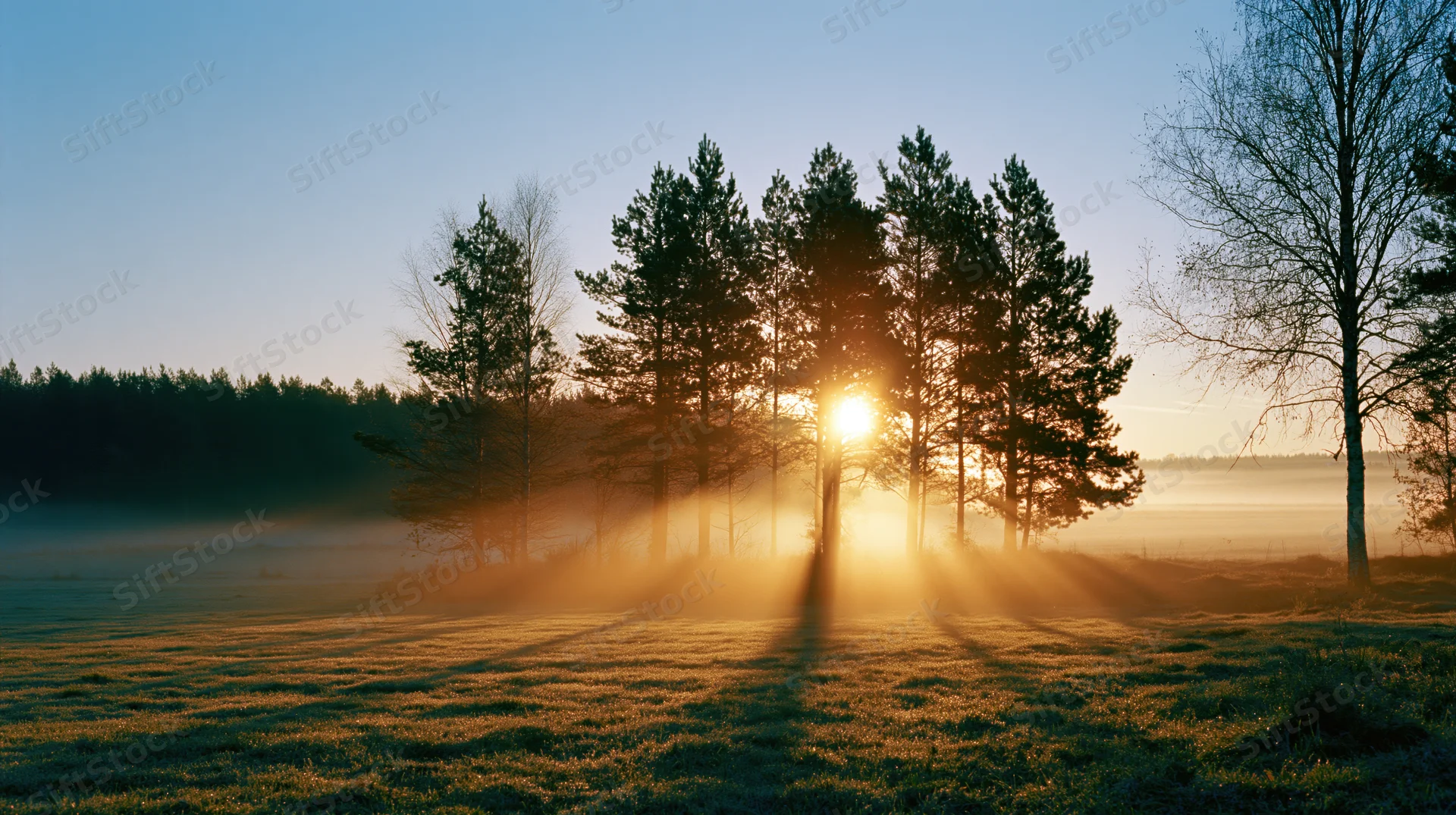 Sunrise light rays through pine trees in foggy field at dawn