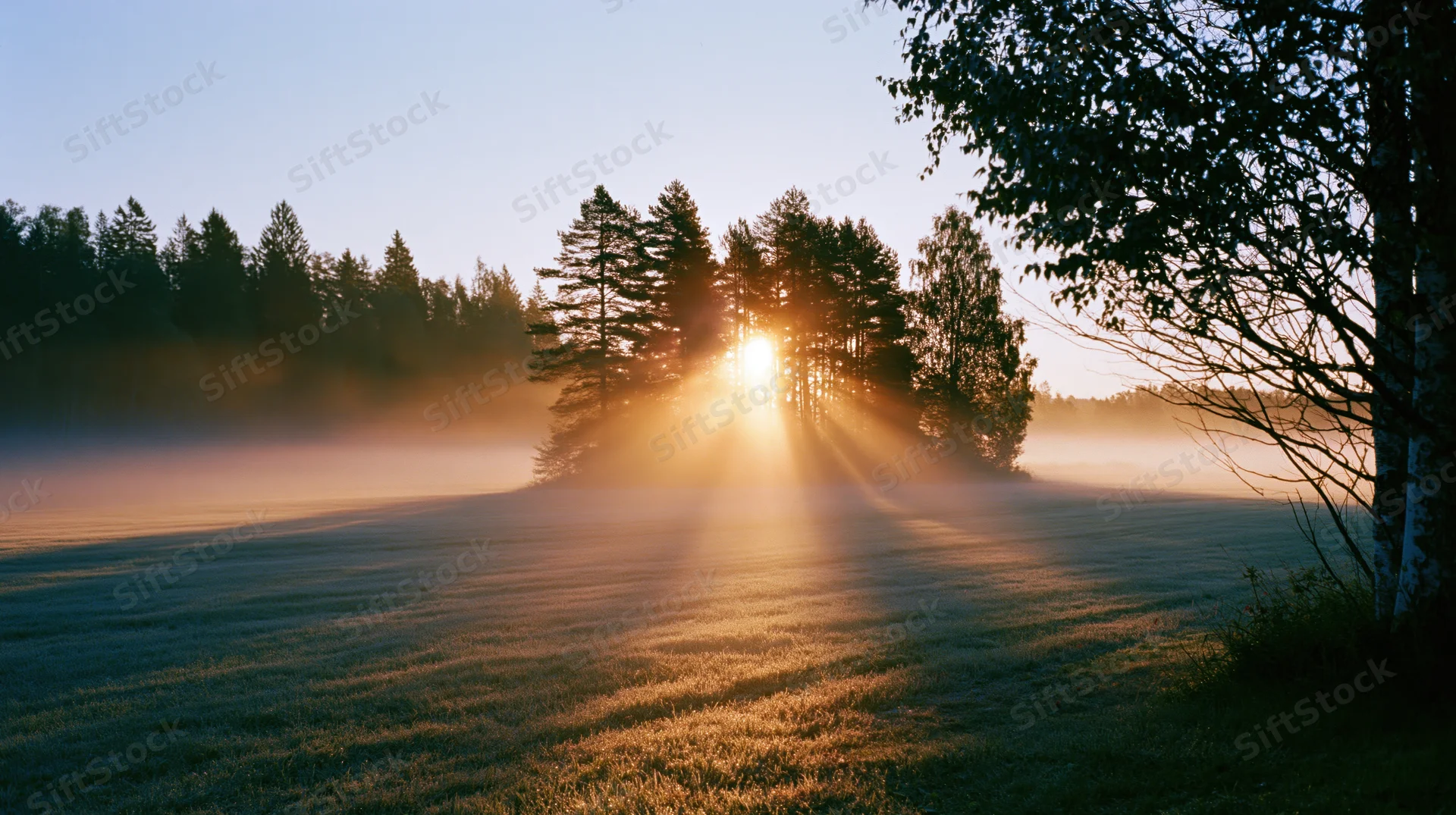 Sunrise light rays through forest trees over misty meadow at dawn