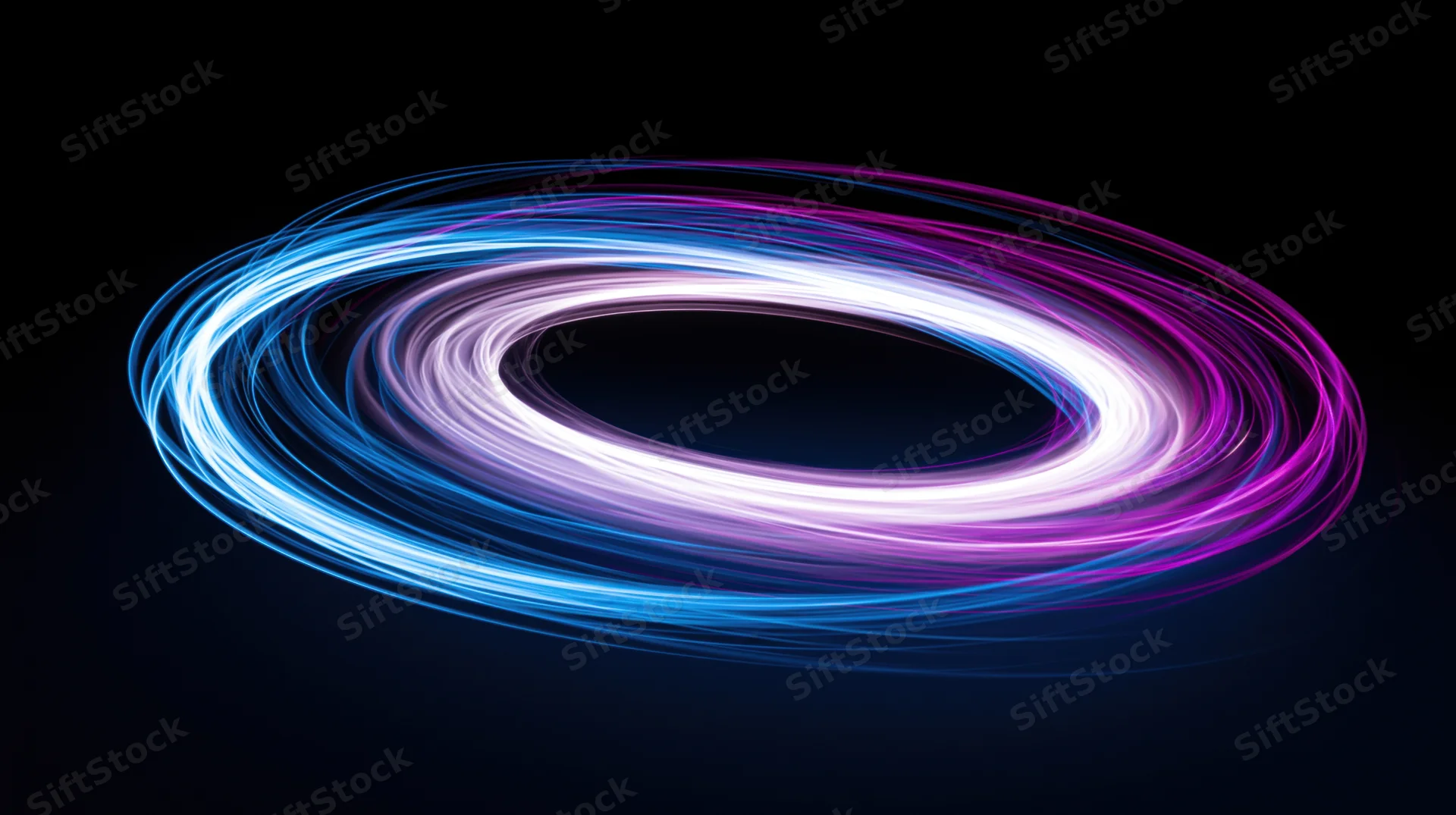 Glowing neon light rings spiraling in motion against dark background