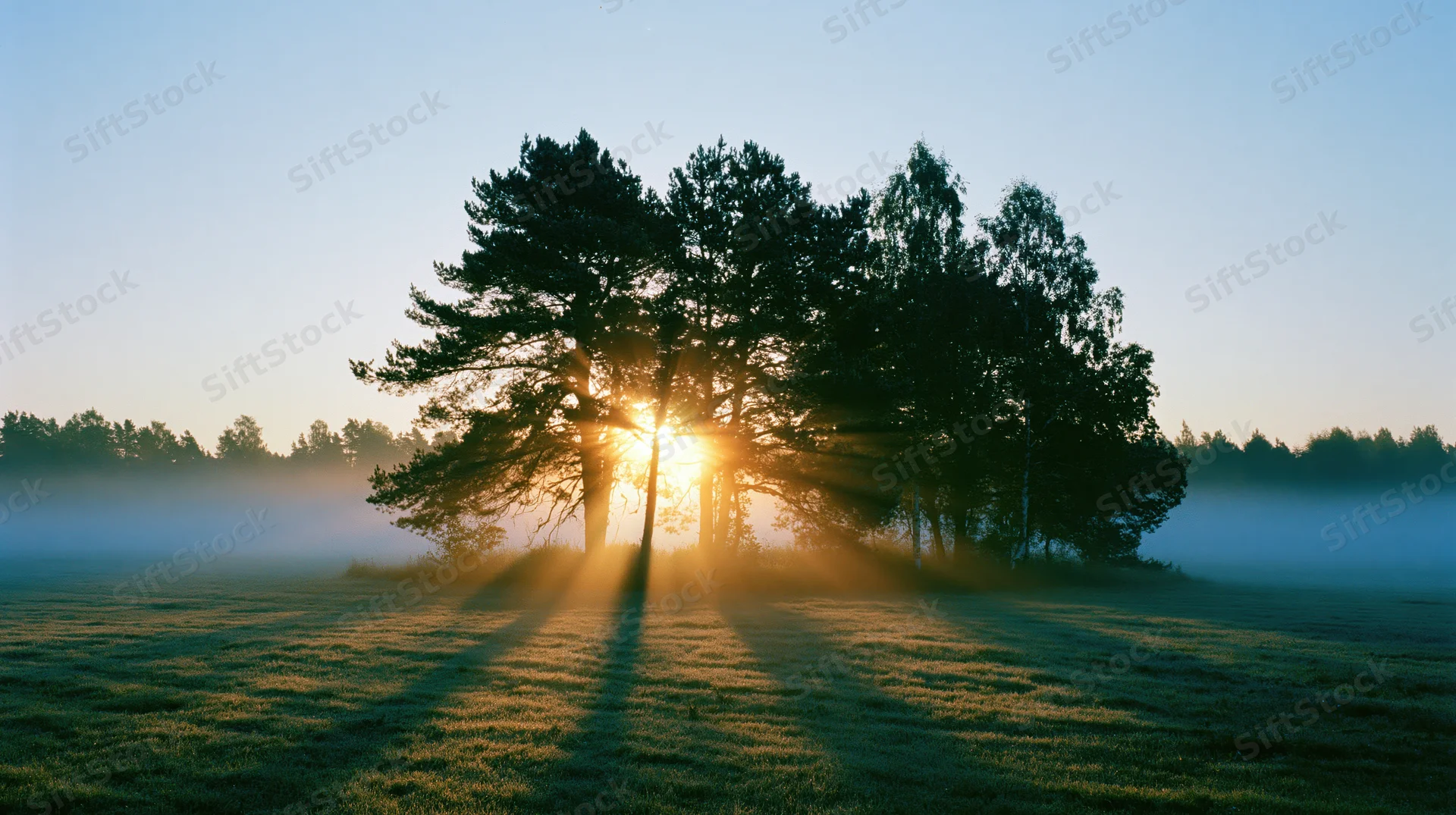 Sunrise behind trees casting long shadows across a foggy meadow