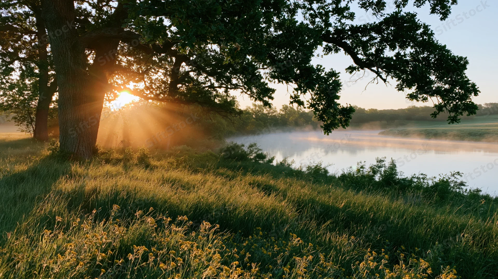 Sunrise over misty riverbank with trees and wildflowers in a grassy meadow