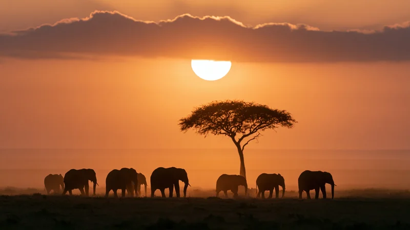 Herd of elephants silhouetted against a sunset in the savanna with an acacia tree