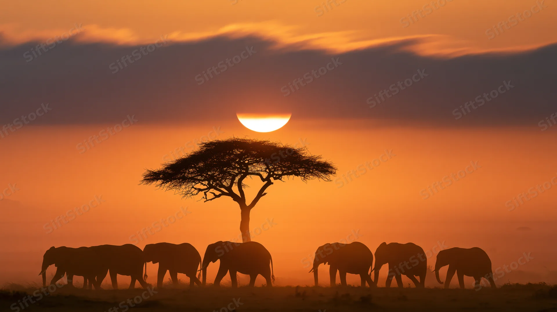 Herd of elephants walking in silhouette across savanna at sunset with acacia tree and orange sky