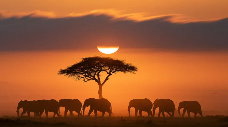 Herd of elephants walking in silhouette across savanna at sunset with acacia tree and orange sky