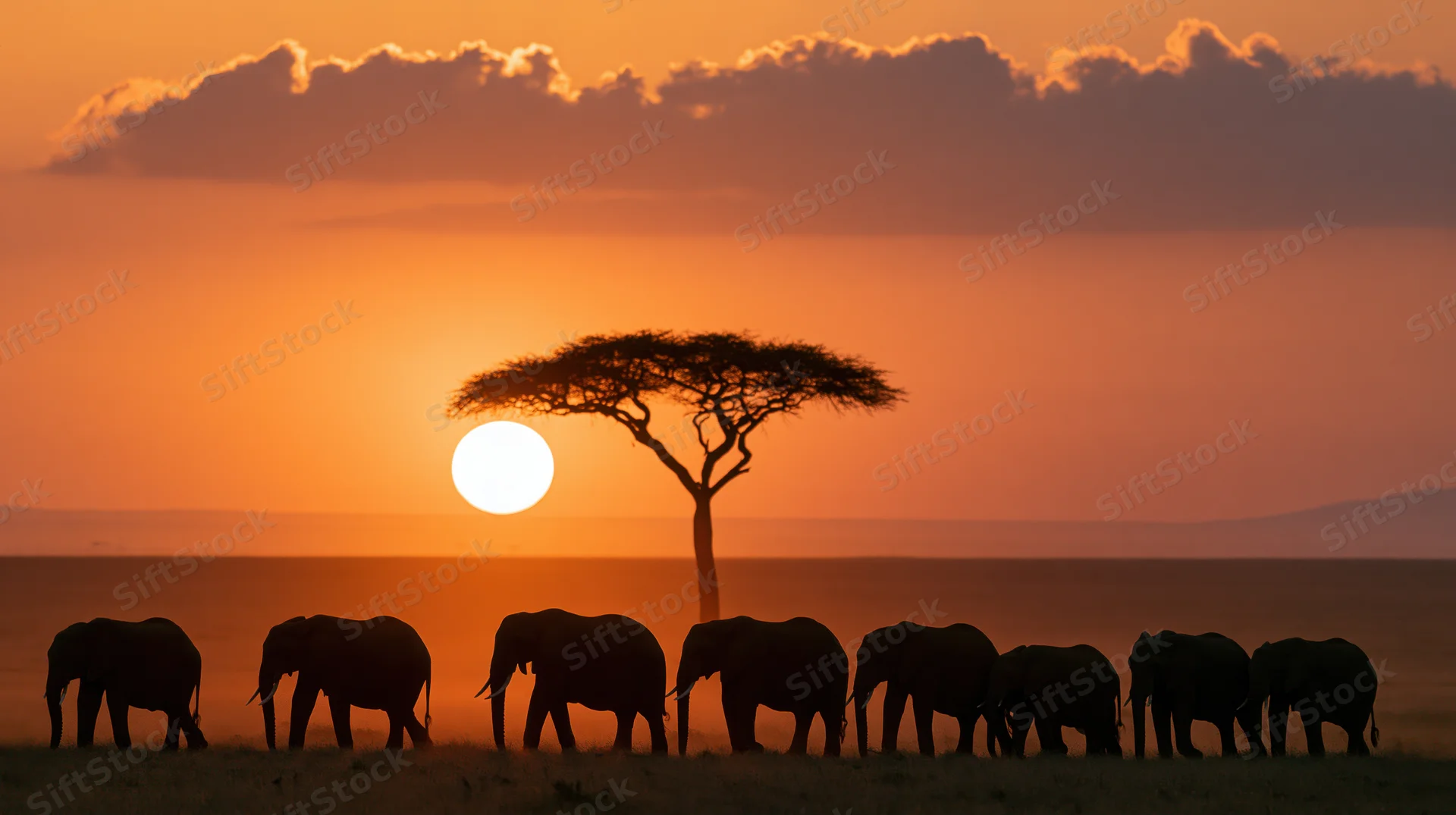 Herd of elephants silhouetted against a sunset in the savanna with an acacia tree