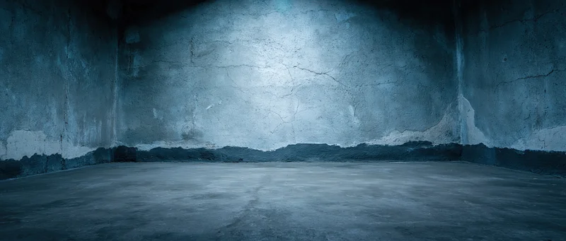 Empty concrete room with cracked walls and dim lighting in a basement interior