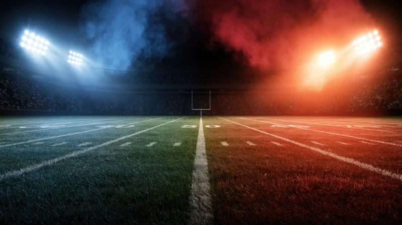 Football field split in half by red and blue smoke under stadium lights at night