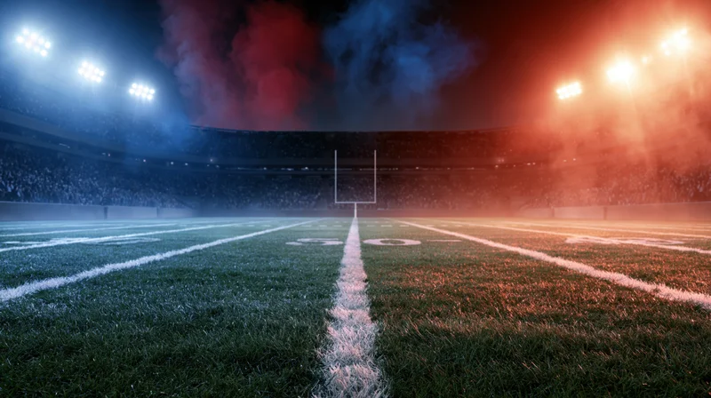 Football field at night with goalpost and smoke under stadium lights