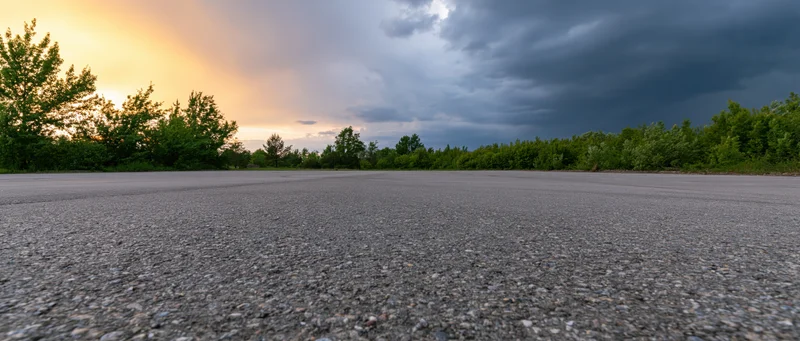 Wide asphalt road stretching toward a line of trees under a stormy sky at sunset
