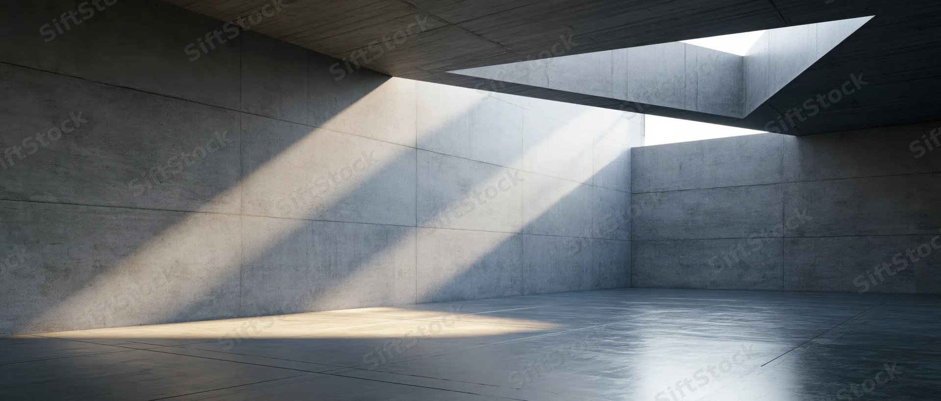 Empty concrete room with angular skylight casting diagonal light and shadow across walls and floor