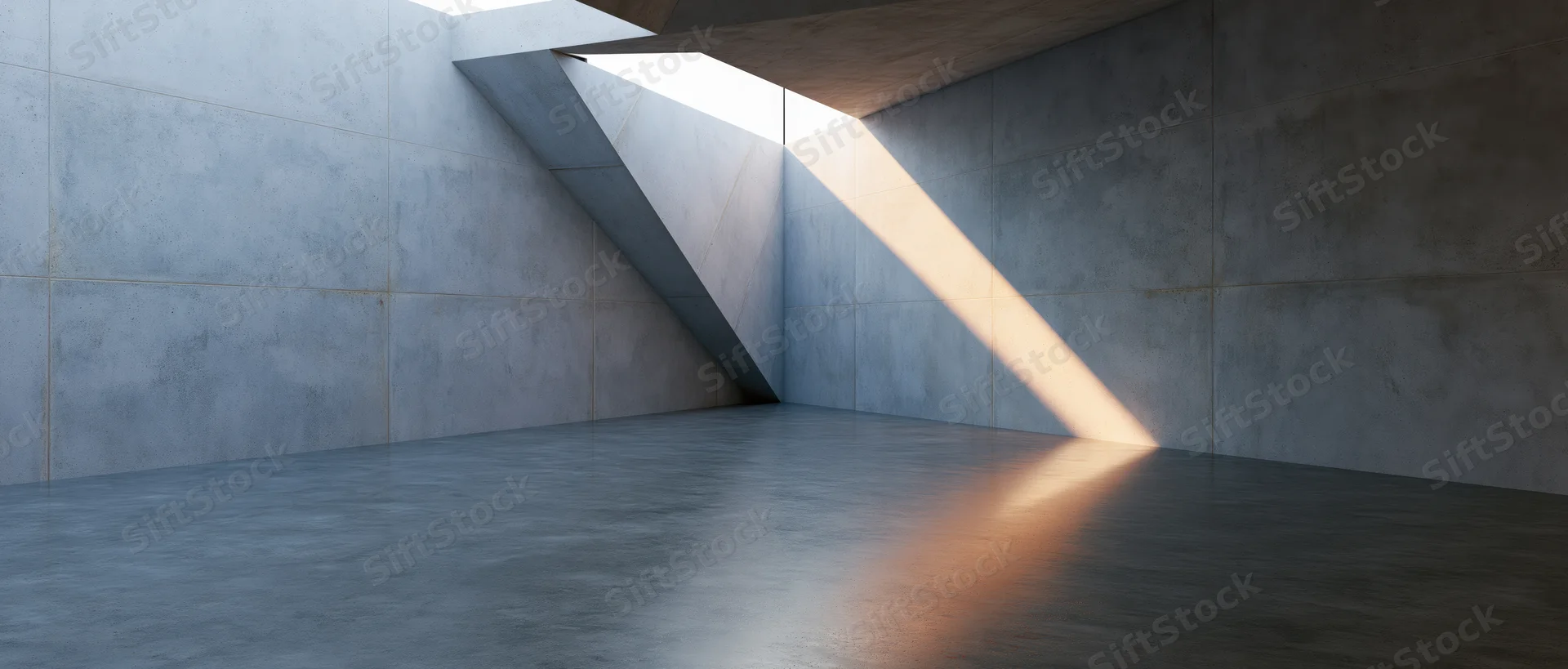Concrete interior space with angular opening letting in sunlight, casting geometric shadow on floor and walls