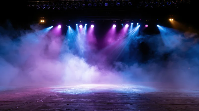 Empty stage illuminated by colorful spotlights and smoke effects during a concert event