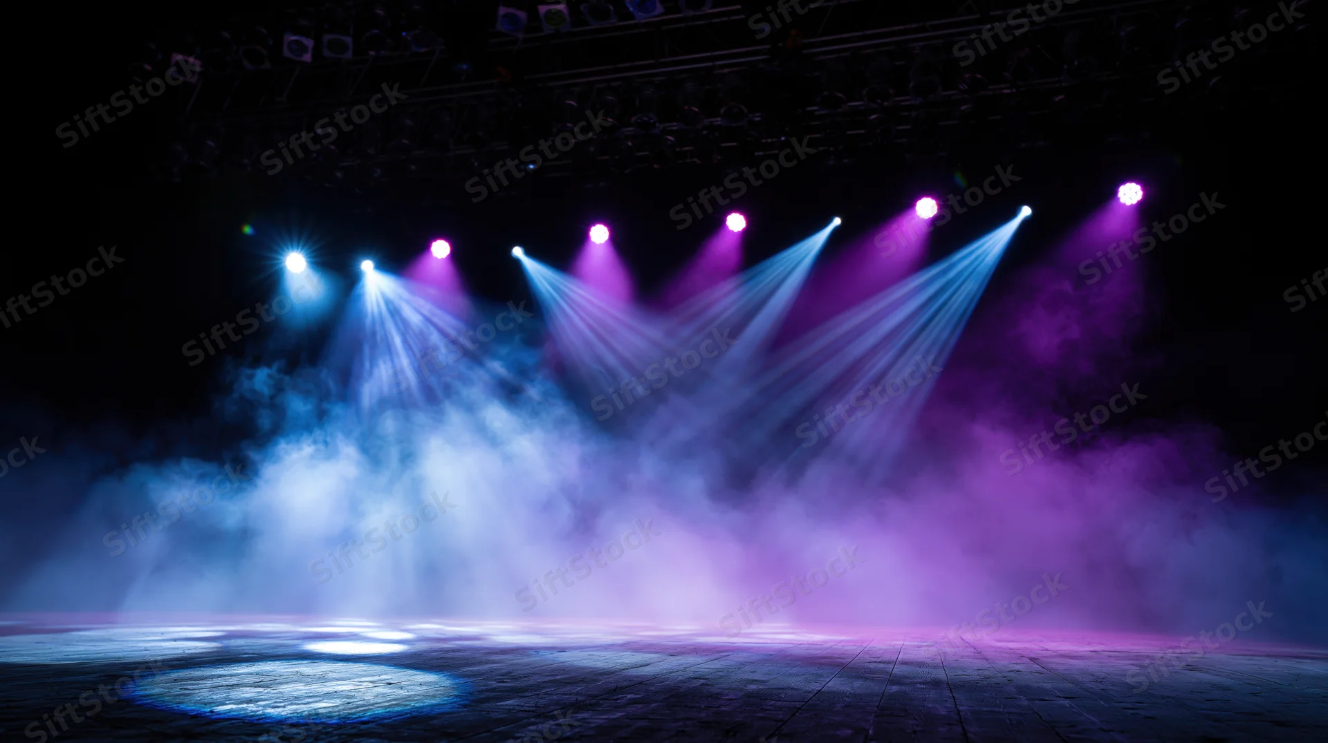 Stage lit by blue and purple spotlights with smoke creating an atmospheric effect for a live performance event