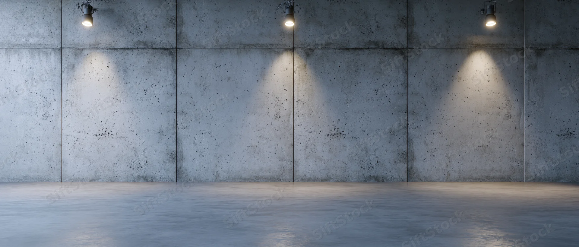 Empty concrete room with spotlights on the wall and floor