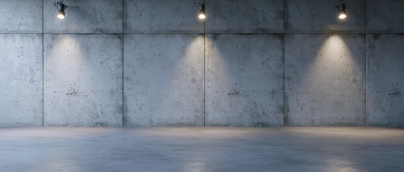 Empty concrete room with spotlights on the wall and floor