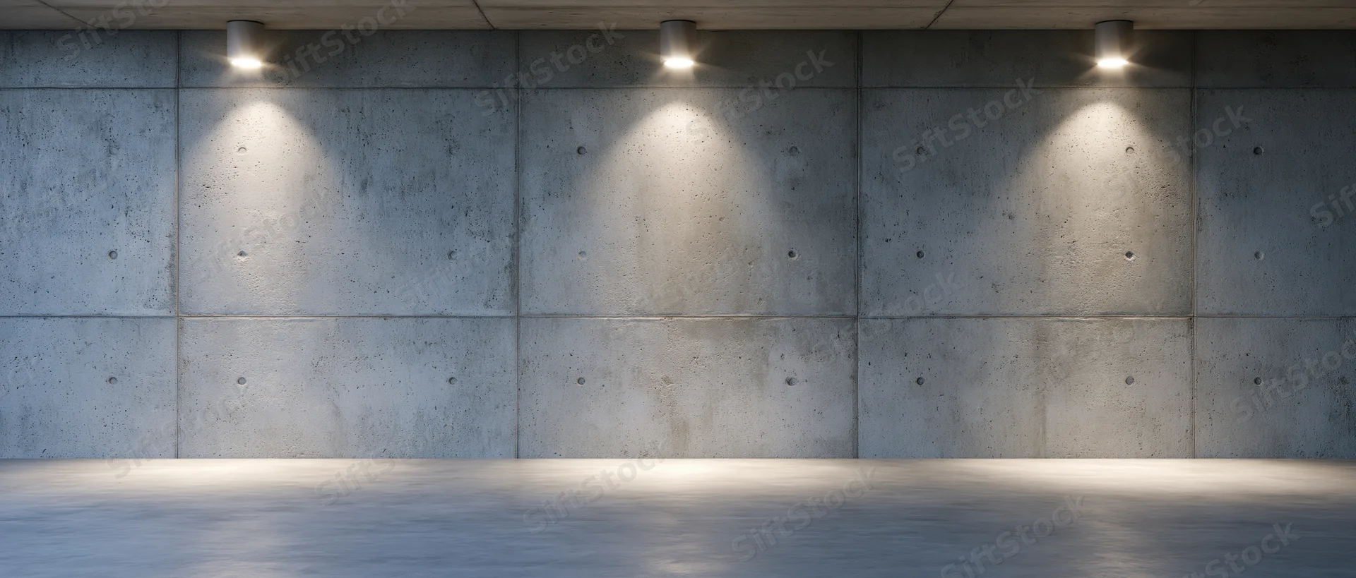 Empty concrete room with spotlights on wall and floor