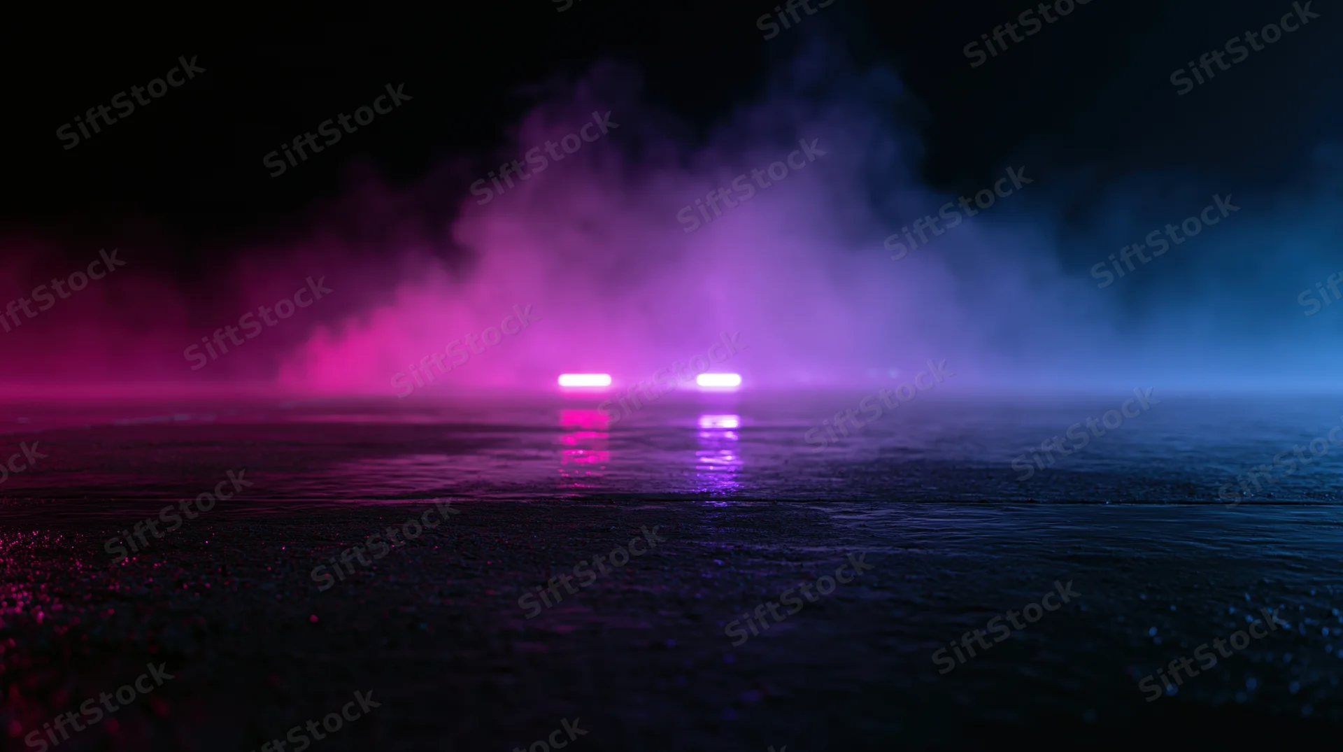 Glowing neon lights reflecting on wet surface in foggy night atmosphere