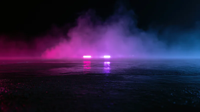 Glowing neon lights reflecting on wet surface in foggy night atmosphere