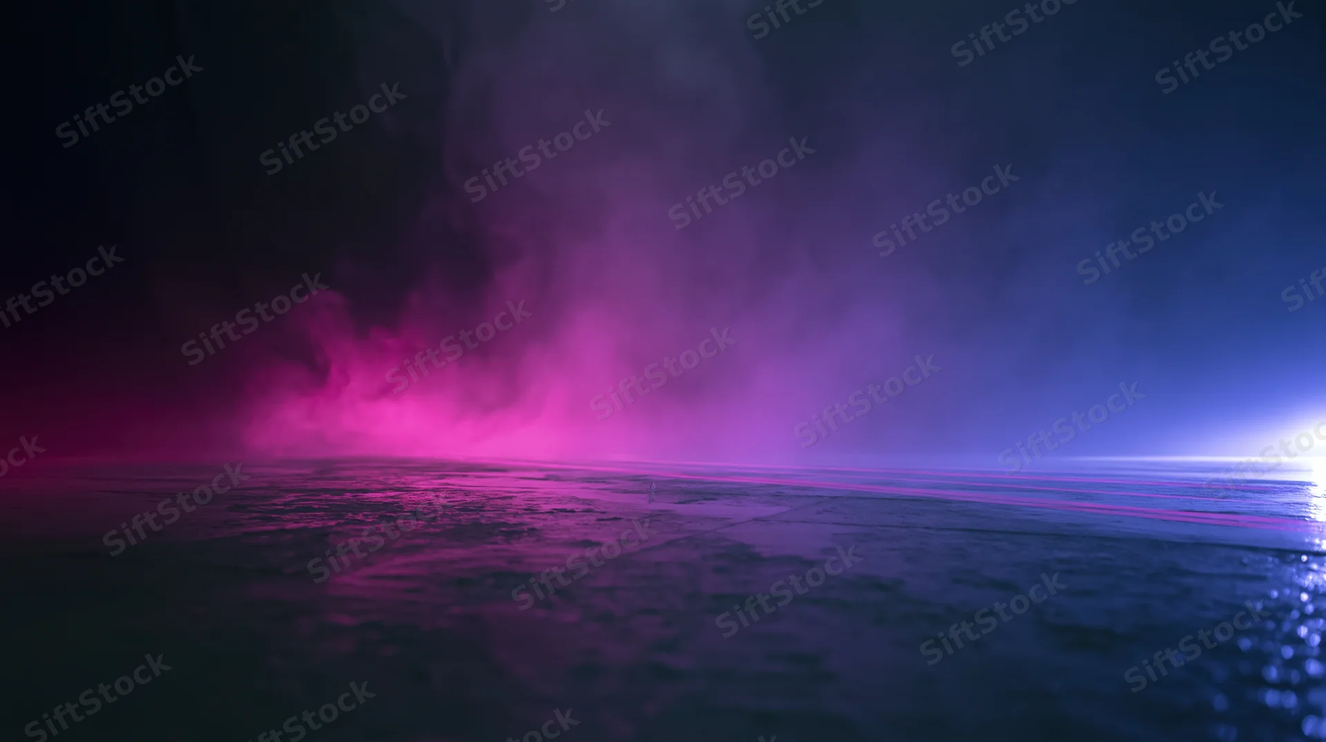Glowing neon smoke rising over dark reflective surface at night
