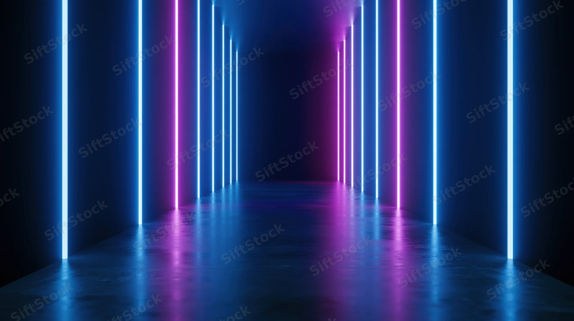 Neon-lit tunnel with vertical blue and pink light strips reflecting on a dark floor
