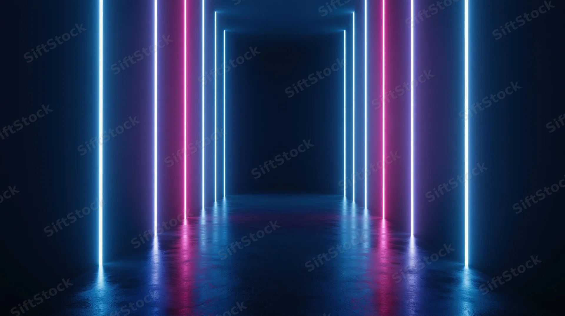 Neon-lit tunnel with blue and pink vertical lights reflecting on dark floor