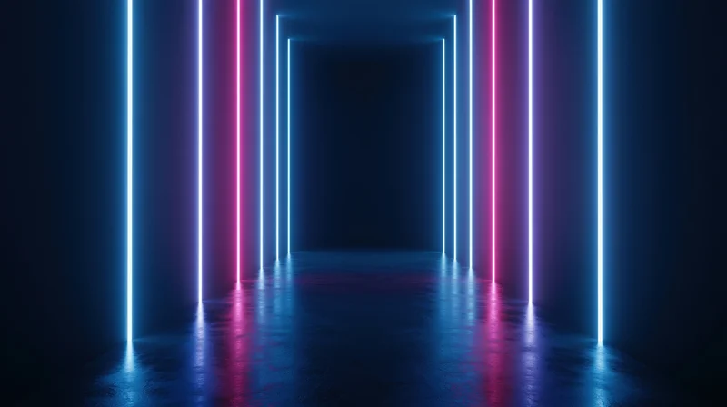 Neon-lit tunnel with blue and pink vertical lights reflecting on dark floor