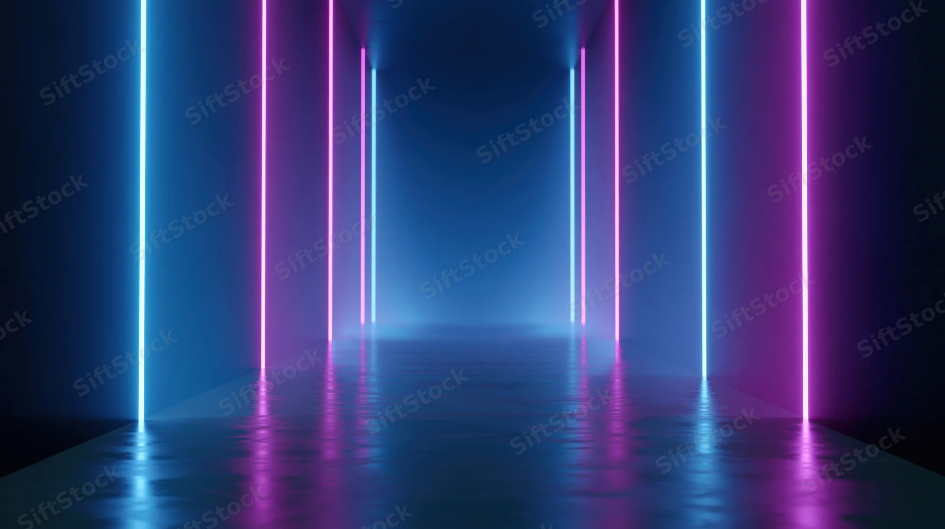 Neon-lit tunnel with vertical light strips reflecting on a wet floor surface