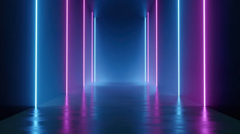 Neon-lit tunnel with vertical light strips reflecting on a wet floor surface