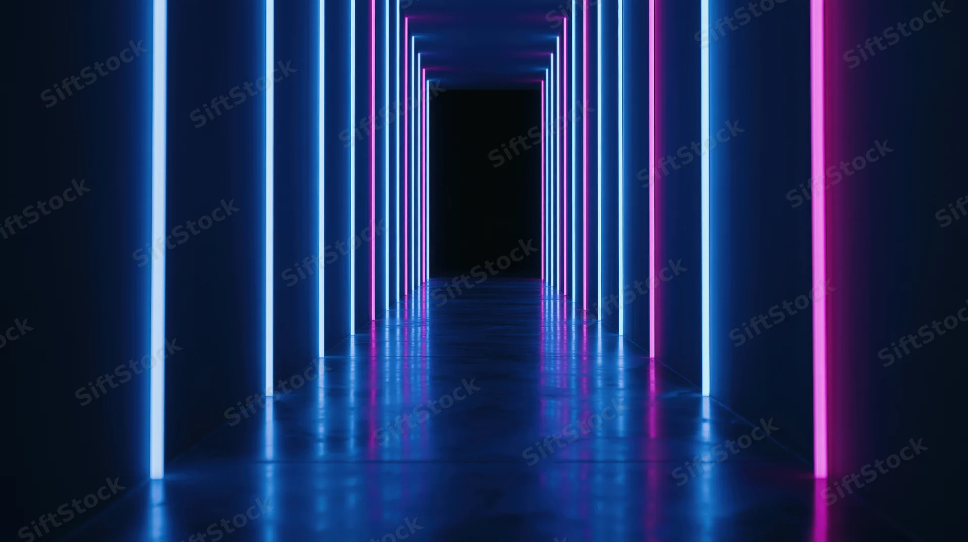 Neon-lit tunnel with blue and pink vertical lights reflecting on glossy floor
