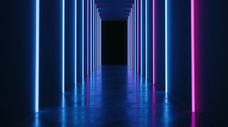 Neon-lit tunnel with blue and pink vertical lights reflecting on glossy floor