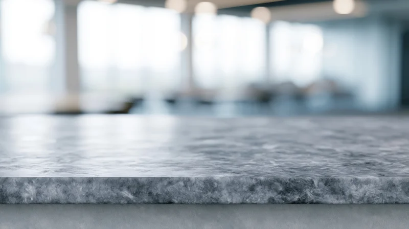 Gray marble countertop with smooth polished surface in modern kitchen interior, blurred background showing dining area and windows