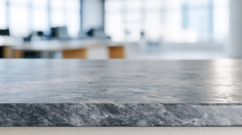 Gray marble countertop with polished edge in modern kitchen interior, blurred background showing dining area