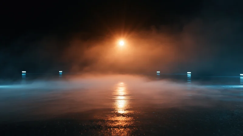 Glowing streetlight reflecting on wet pavement in foggy urban night
