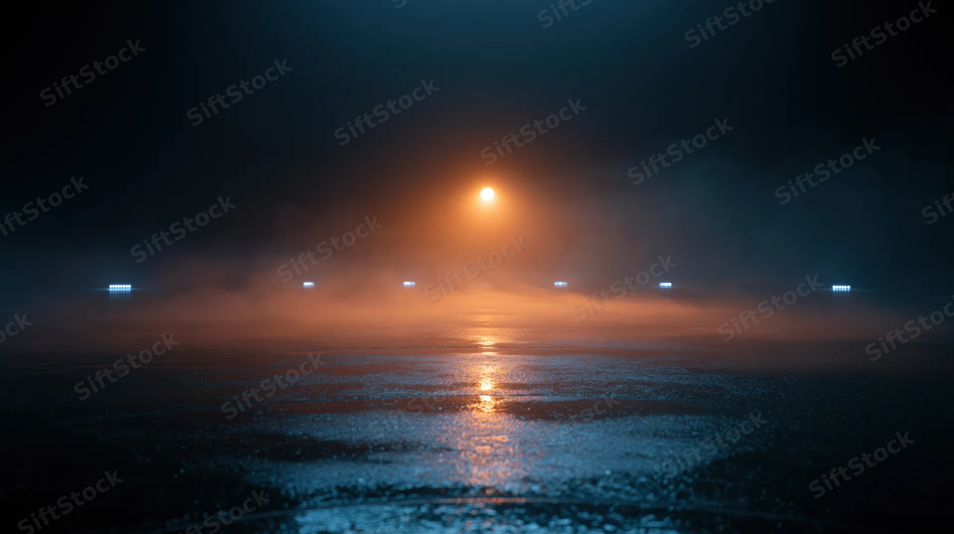 Glowing orange light reflecting on foggy wet water surface at night