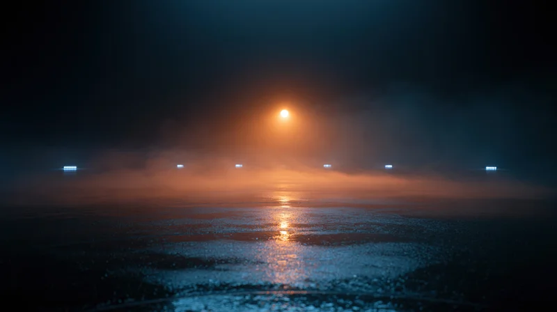 Glowing orange light reflecting on foggy wet water surface at night