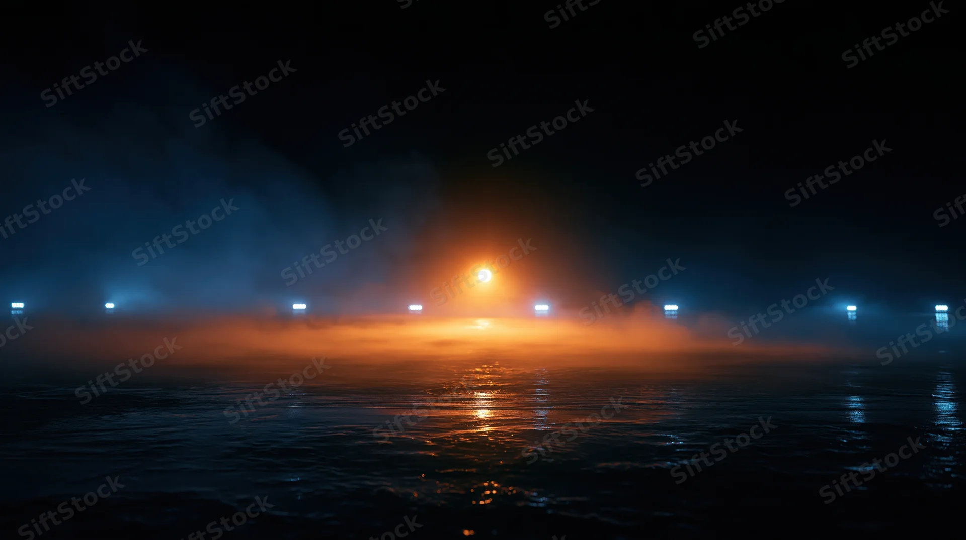 Glowing lights reflected on foggy water at night