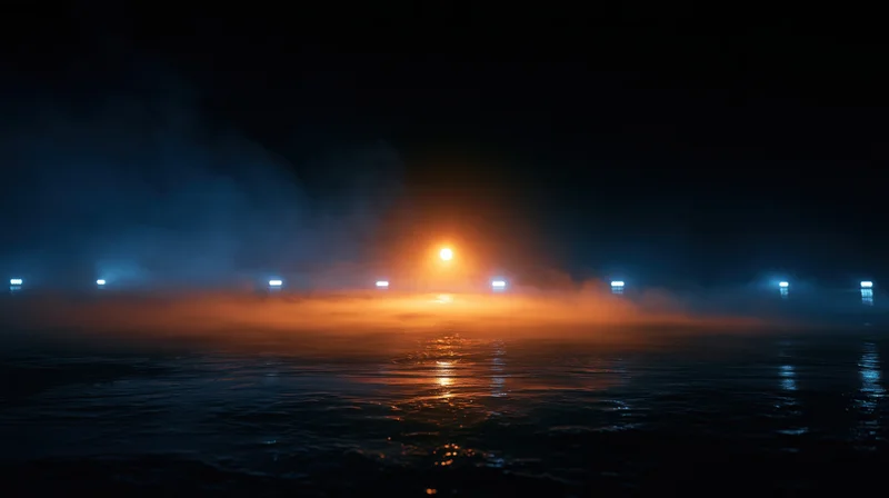 Glowing lights reflected on foggy water at night