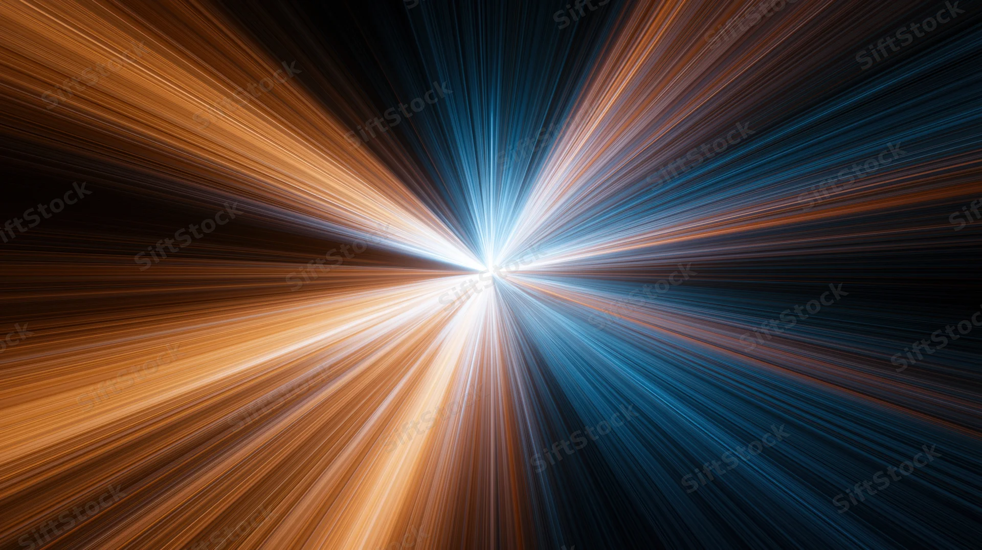 Radiant light burst with blue and orange rays emanating from a central point in abstract digital art