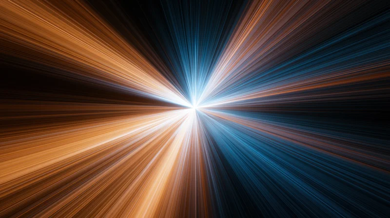 Radiant light burst with blue and orange rays emanating from a central point in abstract digital art