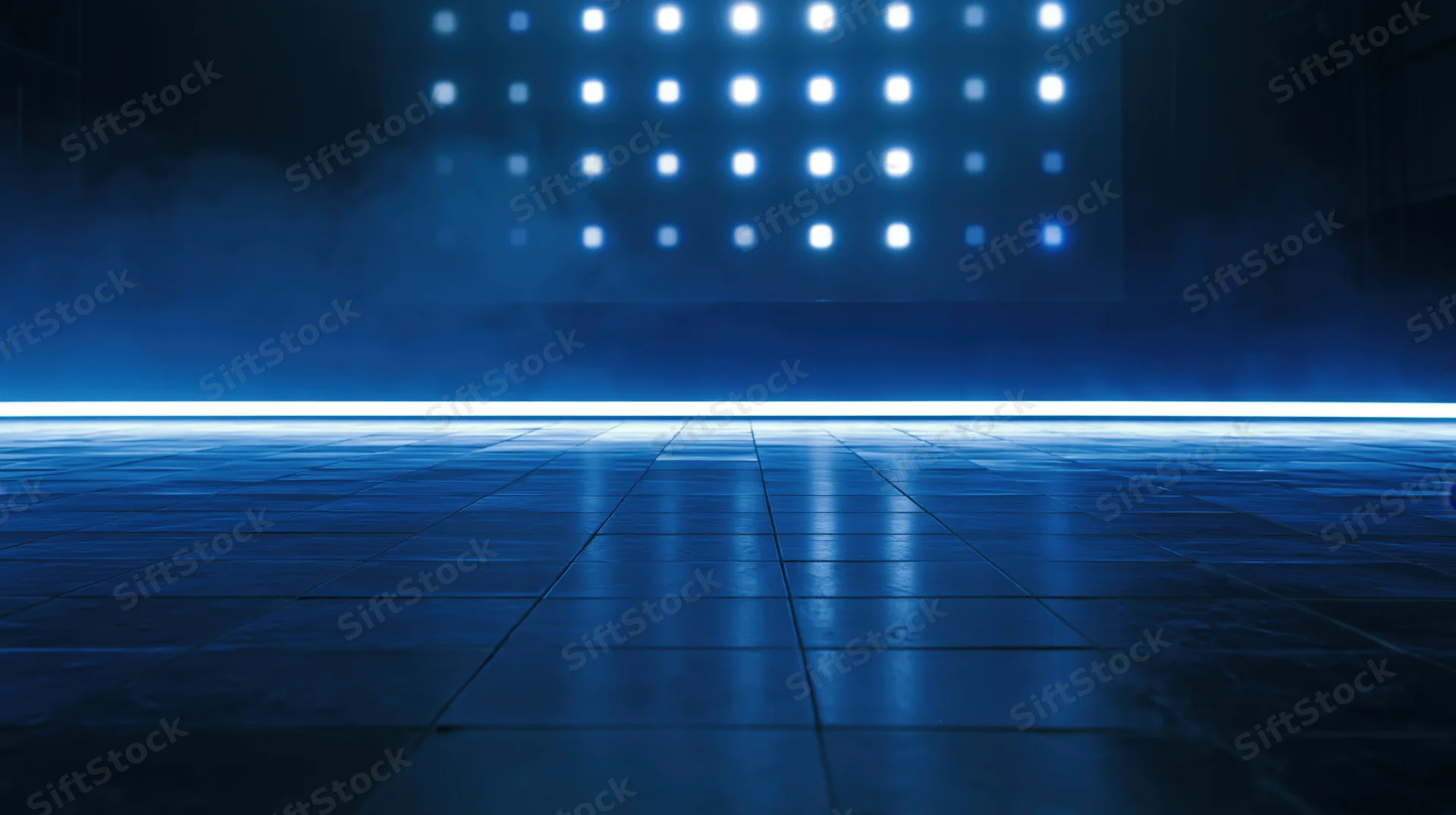 Blue neon-lit stage with tiled floor and smoke in a dark studio space