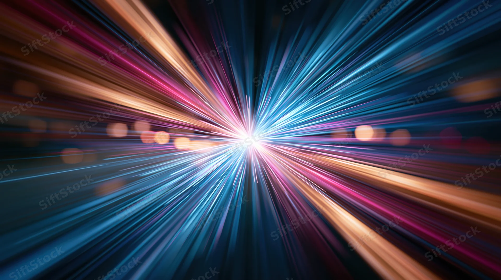 Radiant light burst with colorful streaks converging from center in abstract motion background