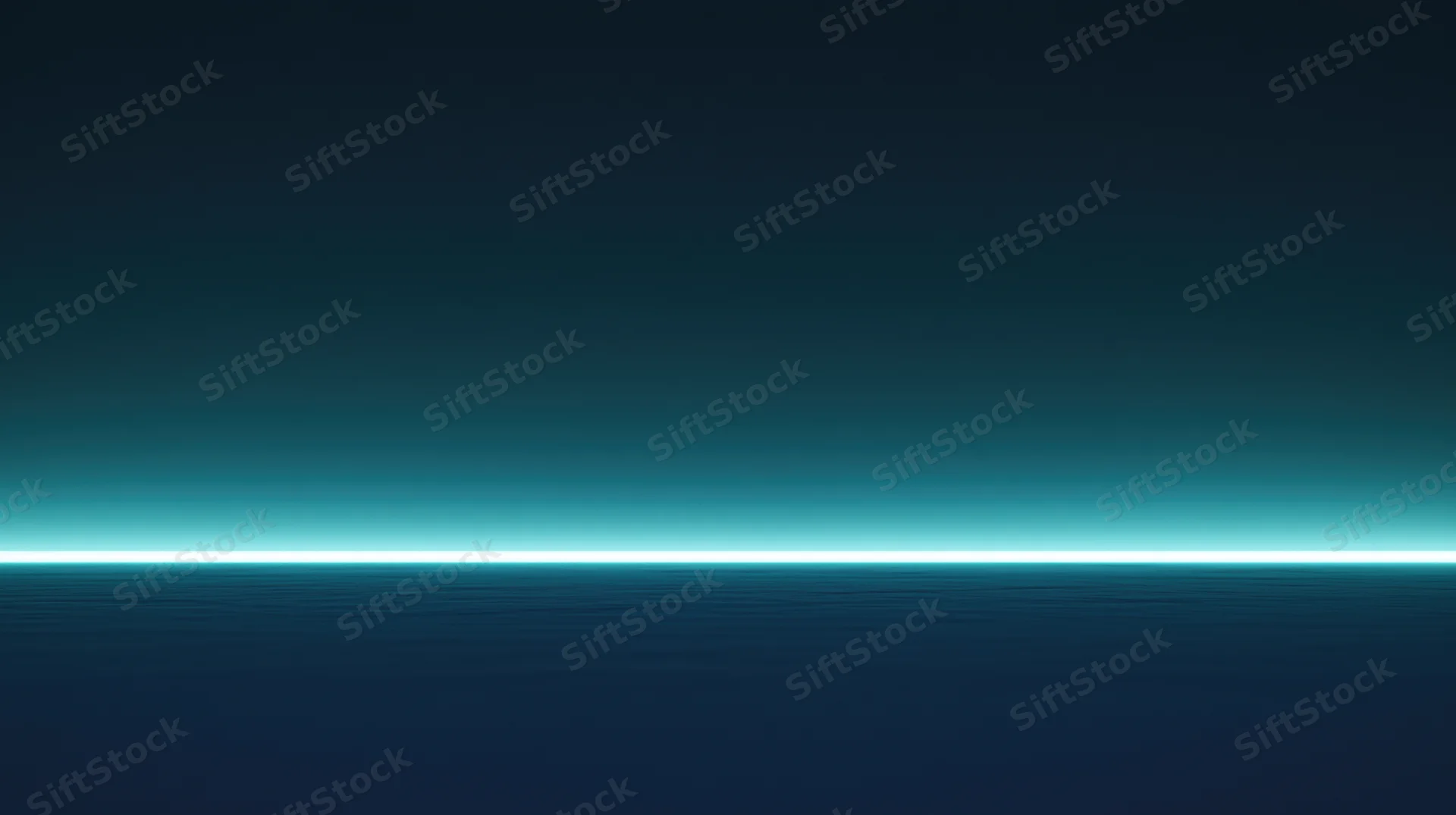 A calm ocean surface under a dark teal sky with a glowing horizon line