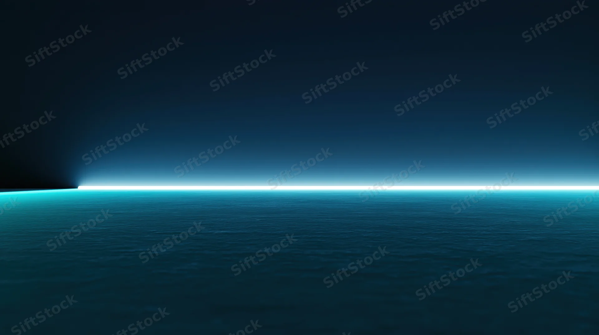 Calm ocean surface under dark sky with glowing horizon line